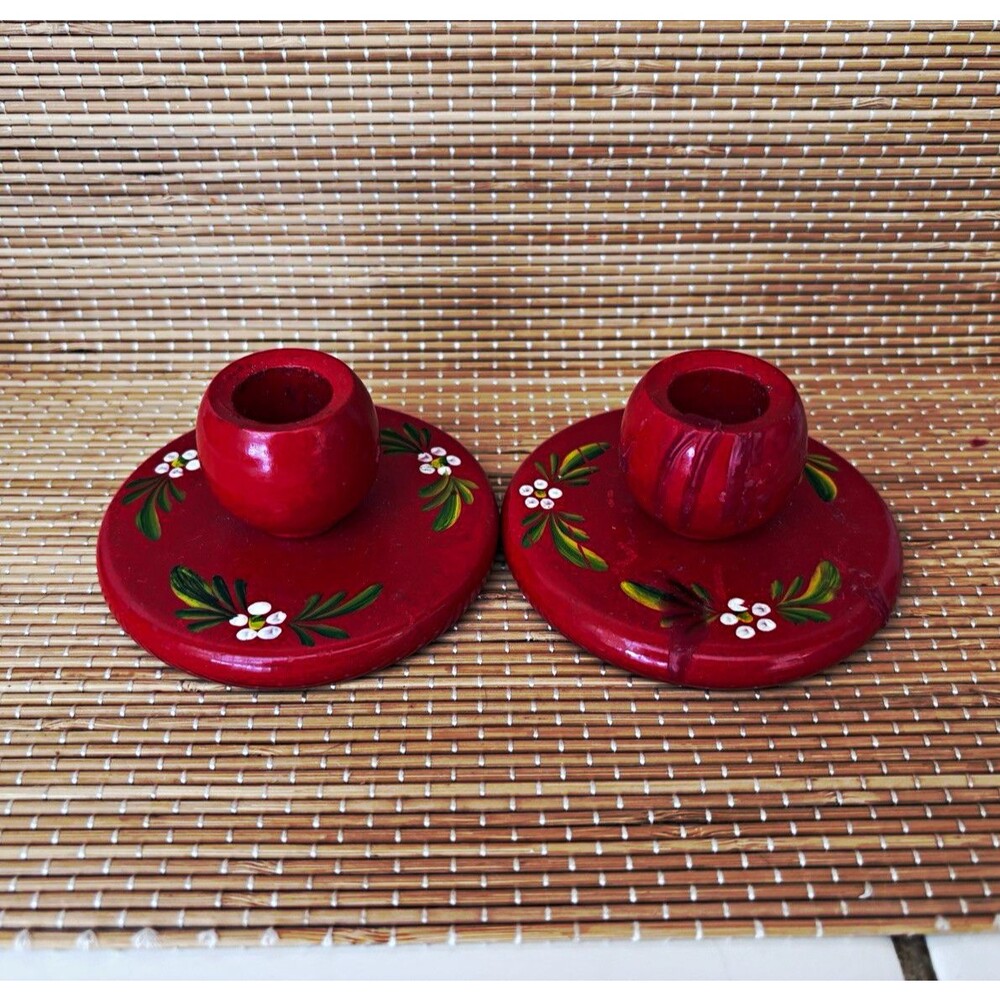 Set of 2 Hand Painted Wooden Floral Round Taper Candle Holders Red Sweden